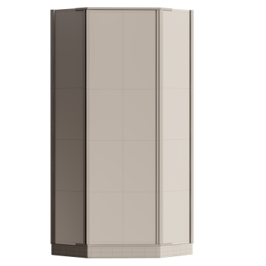 Kahverengi çerçeveli beyaz bir dolap. Dolap dikdörtgen şeklinde. Dolap ahşaptan yapılmıştır.