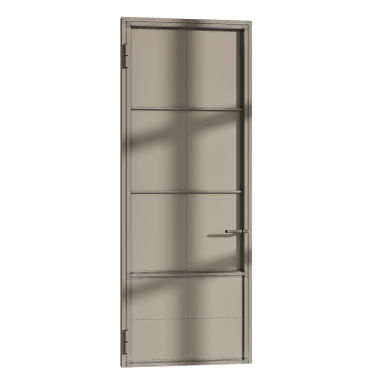 Gümüş çerçeveli ve gümüş saplı bir kapı. - Kapı açık. Kapı beyaz arka planda.