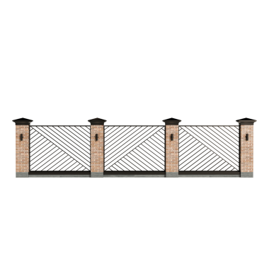 Tuğla tabanlı uzun metal bir çit. Çit demirden yapılmıştır ve beyaz bir şeridi vardır.