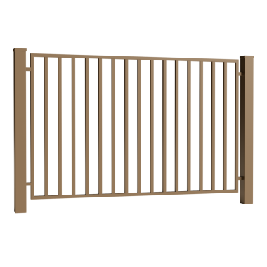 Beyaz arka planı olan kahverengi metal bir çit sergileniyor. Çit uzun ve bir sürü metal parmaklığı var. Çubuklar eşit aralıklarla ve farklı boyutlarda.