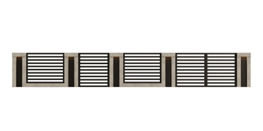 Siyah beyaz çatallı uzun bir çit. Çatallar eşit aralıklarla ayrılmış. Çit metalden yapılmıştır.