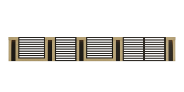 Siyah beyaz çizgili uzun bir çit. Çit metalden yapılmıştır.