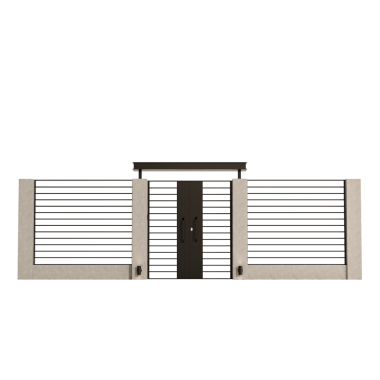 Siyah kapılı ve siyah saplı bir kapı. Kapı metalden yapılmıştır ve beyaz bir şeridi vardır.