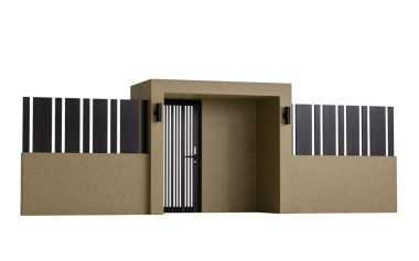 Siyah beyaz çizgili çitli bir bina. Ön kapı siyah ve gümüş sapı var.