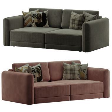 Üzerinde yastık olan bir kanepe. Yastık kahverengi ve üzerinde bir yaprak var. Kanepe pembe.