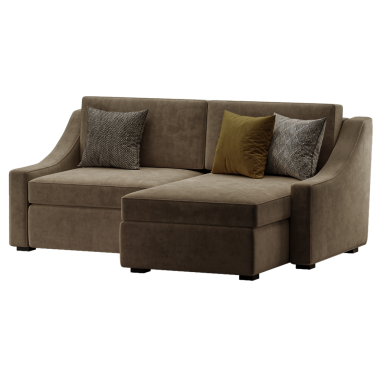 Üzerinde iki yastık olan kahverengi bir kanepe. Bir yastık yeşil, diğeri kahverengi.