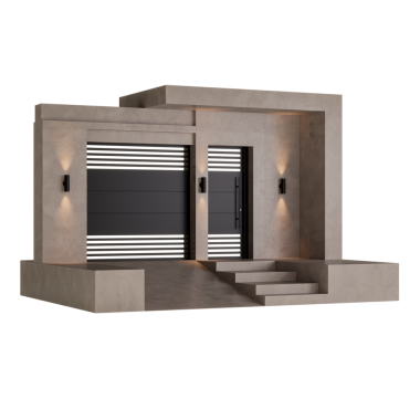 Siyah beyaz kapısı olan bir ev. Evin yan tarafında iki ışık var.