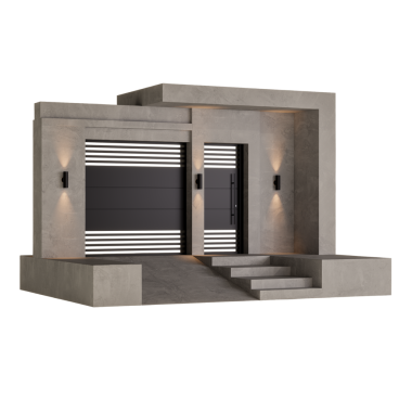 Ortasında siyah beyaz çizgili bir kapı olan büyük, gri bir bina. Kapı metalden yapılmıştır ve modern bir tasarıma sahiptir. Binanın benzersiz ve çarpıcı bir görüntüsü var.