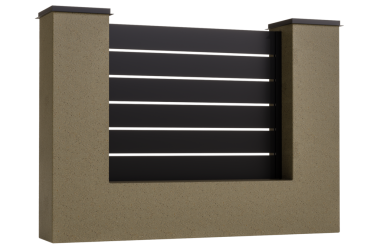 Kahverengi tabanlı siyah beyaz bir çit. Çit tahtadan yapılmış ve duvara dayanıyor.