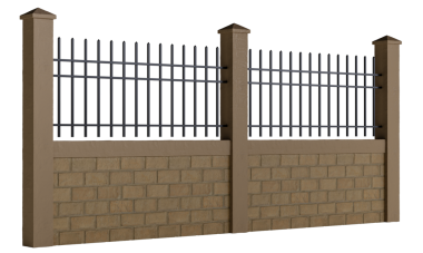 Yan tarafında metal çit olan tuğla bir duvar. Çit demirden yapılmıştır ve siyah bir rengi vardır.