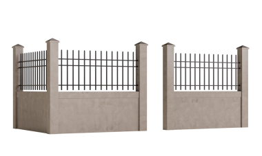 İki tıpatıp aynı beton blok ve tepesinde siyah metal bir çit var. Çit demirden yapılmıştır ve siyah bir rengi vardır.