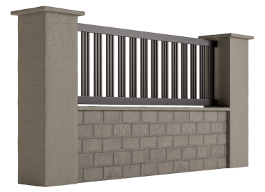 Tuğla tabanlı ve metal çitli bir duvar. Çit metalden yapılmıştır ve siyah bir rengi vardır.