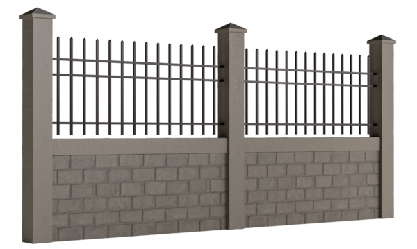 Yan tarafında metal çit olan tuğla bir duvar. Çit demirden yapılmıştır ve bir sürü çivisi vardır.