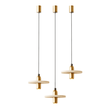 Tavandan sarkan üç lamba parçası. Ampuller beyaz ve altındır.