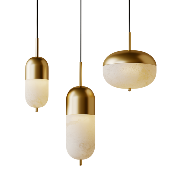 Beyaz tonlu üç altın lamba. Lambalar tavandan sarkıyor. Lambalar farklı boyutlarda.