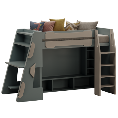 Altında masa olan bir ranza. Masanın bir çekmecesi ve rafı var. Yatağın üzerinde iki yastık var.