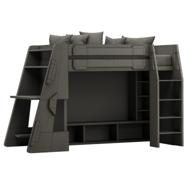 Altında masa olan bir ranza. Masanın üzerinde bir bilgisayar var. Yatağın üzerinde iki yastık var.