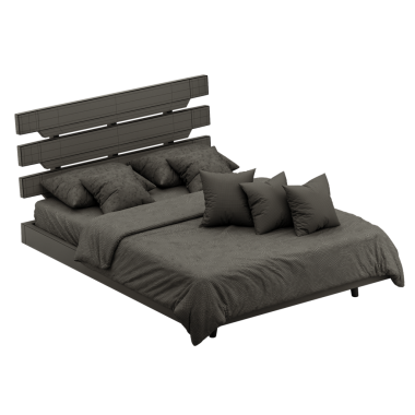 Tahta bir yatak başlığı ve gri yorganı olan bir yatak. Yatağın üstünde yastıklar var.