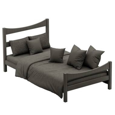 Gri yorgan ve yastıklı bir yatak. Yatak yapıldı ve ahşap bir çerçevesi var.