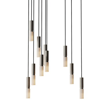 Tavandan sarkan ışıklar. Toplamda 12 ışık var. Işıklar beyaz ve gri.