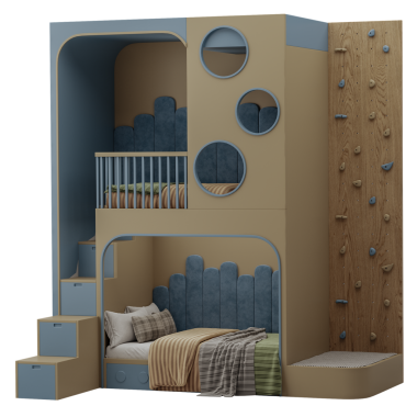 Tahta duvarı ve kaya duvarı olan bir ranza. Yatağın mavi bir yatak başlığı ve beyaz bir yatak örtüsü var.