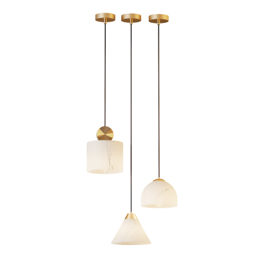 Tavandan sarkan üç beyaz ampul. Ampuller farklı şekil ve boyutlarda.