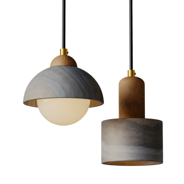 Ahşap tabanlı iki lamba ve ortasında da bir ampul. Biri solda, diğeri sağda.