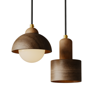 Ortasında ampul olan iki ahşap lamba. Biri solda, diğeri sağda.