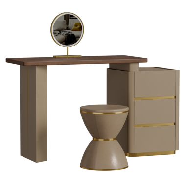 Aynası ve taburesi olan bir kibir. Tabure kahverengi ve altın kaplama.