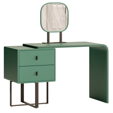 İçinde ayna ve iki çekmece olan yeşil bir masa. Masa dikdörtgen şeklinde.