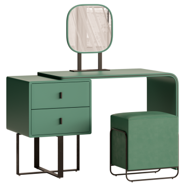 İçinde ayna ve iki çekmece olan yeşil bir masa. Masanın önüne yeşil bir tabure konur.