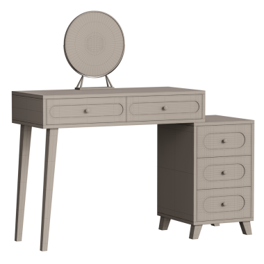 Aynalı bir masa ve yuvarlak bir masa. Masanın dört çekmecesi var.