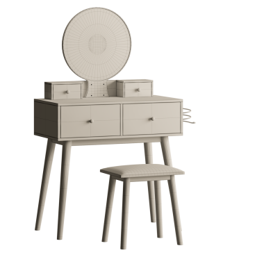 Yuvarlak aynalı beyaz bir kibir ve yanına beyaz bir tabure yerleştirilir. Tabure kibrin sağına yerleştirilir, rahat ve işlevsel bir çalışma alanı oluşturur