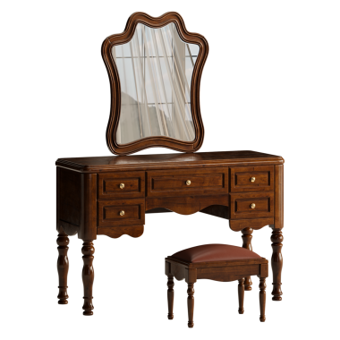 Ayna ve taburesi olan ahşap bir kibir. Tabure kahverengi ve üzerinde bir yastık var.