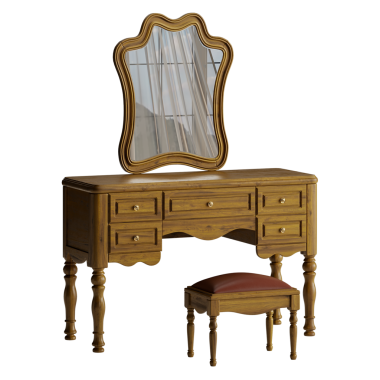 Ayna ve taburesi olan ahşap bir kibir. Dışkı kahverengi ve kırmızı bir minderi var.