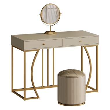 Ayna ve taburesi olan altın ve beyaz bir masa. Masanın altın bir çerçevesi ve beyaz bir üstü var.
