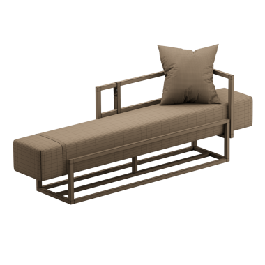 Üzerinde yastık olan kahverengi bir bank. Yastık ekoseli. Kürsü metalden yapılmıştır.