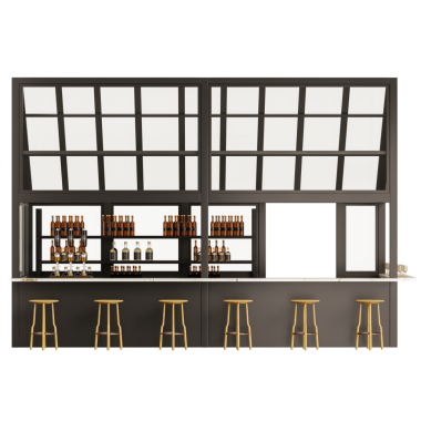 Tezgahı ve taburesi olan bir bar. Tezgahta bir sürü şişe var.