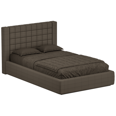 Kahverengi yatak başlığı ve yorganı olan bir yatak. Yatak yapılmamış.