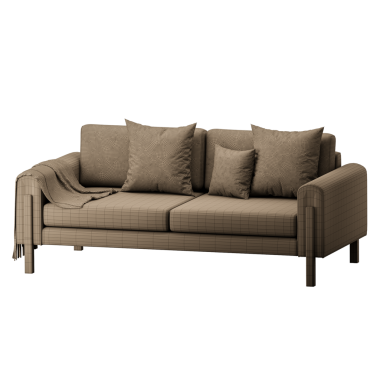 Üzerinde yastıklar olan bir kanepe. Kanepe kahverengi ve üzerinde bir battaniye var. Kanepede dört yastık var, ikisi sol tarafta, ikisi de sağ tarafta.