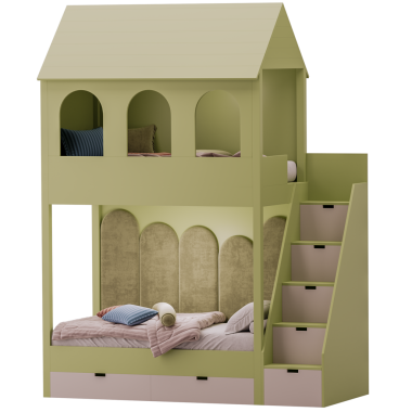 Merdiveni ve taburesi olan yeşil bir ranza. Yatakta beyaz yastık ve mavi yastık var.