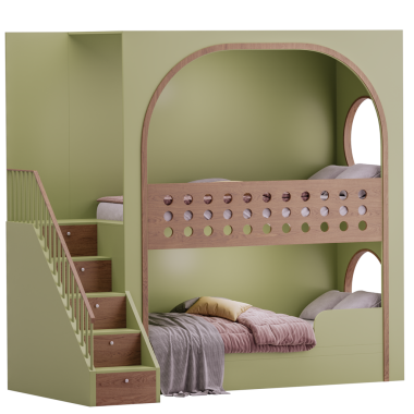 Merdiveni ve penceresi olan yeşil bir ranza. Yatak yapıldı ve üzerinde beyaz bir yastık var.