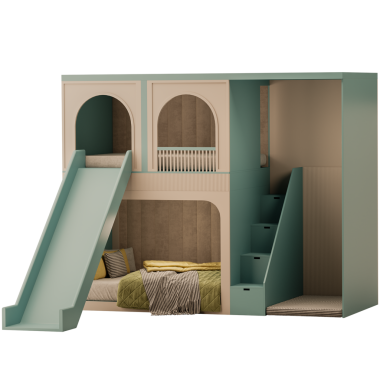 Slaytlı yeşil ve beyaz bir ranza. Yatağın üzerinde yeşil bir battaniye var.