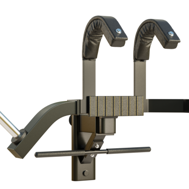 Beyaz arka planı olan siyah ve gri bir nesne. Egzersiz için kullanılan ve siyah sapı olan bir ekipman.