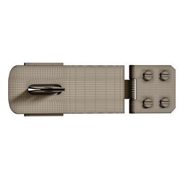 Bir kilit üç boyutlu modelde gösterilir. Kilitte anahtar deliği ve cıvata var.