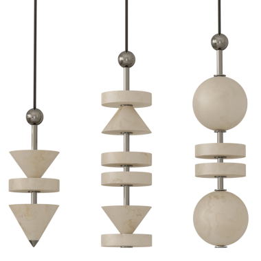 Tavandan sarkan üç beyaz lamba. Ortadaki armatür bir üçgen. Üst fikstür bir daire.