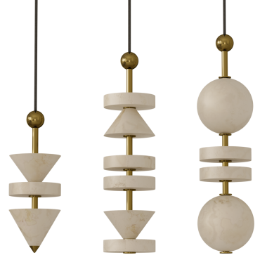 Tavandan sarkan üç beyaz lamba. Ortadaki armatür bir üçgen. Üst fikstür bir daire.