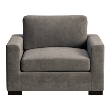 Bronz yastıklı gri bir sandalye. Sandalye beyaz bir arka planda oturuyor.