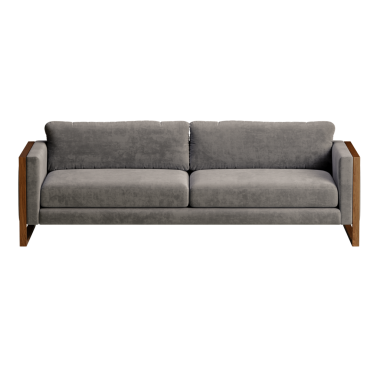 Tahta bacaklı gri bir kanepe. Kanepe uzun ve bir sürü yastığı var. Kanepe beyaz arka planda.
