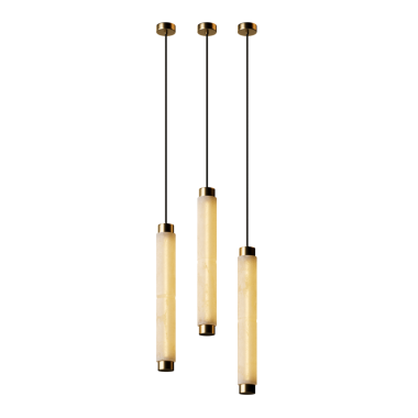 Tavandan sarkan üç lamba parçası. Ampuller beyaz ve altındır.